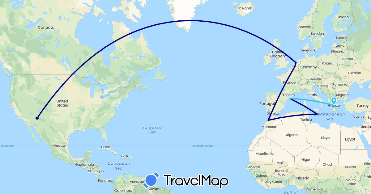 TravelMap itinerary: driving, boat in Belgium, Spain, Greece, Morocco, Malta, Netherlands, United States (Africa, Europe, North America)